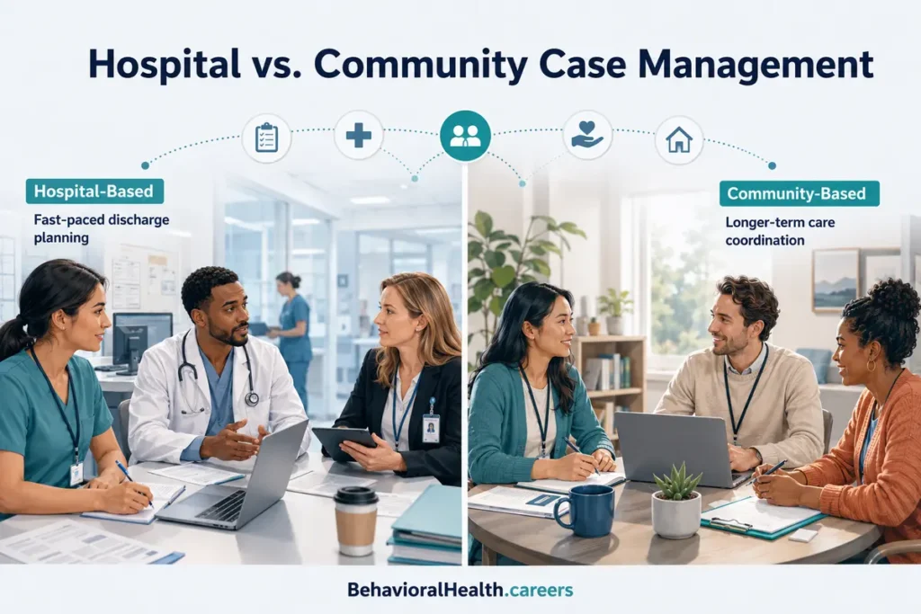 Hospital vs Community Mental Health settings for behavioral health case managers infographic shown