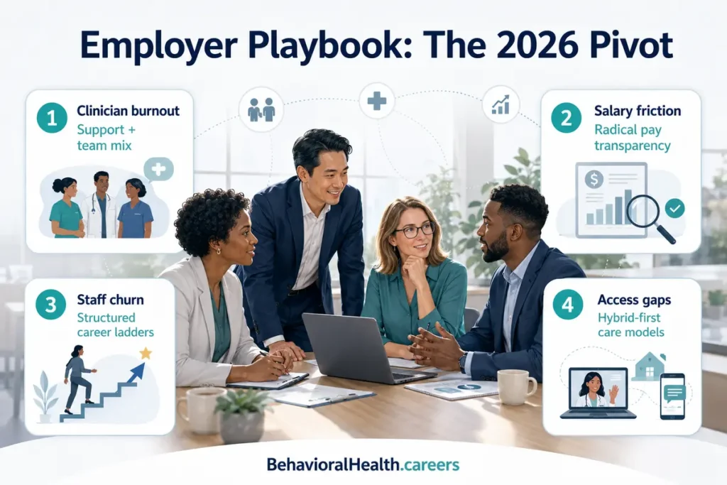 A behavioral health employer infographic shows pain points and possible solutions