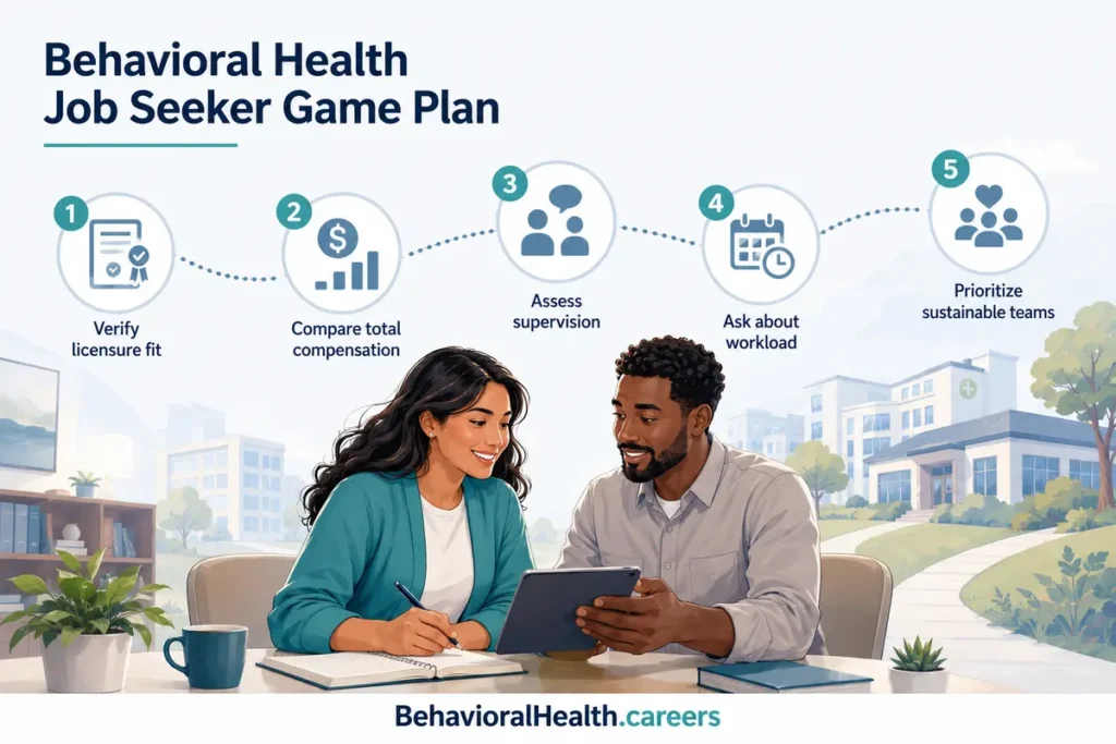 Behavioral health job seeker game plan infographic from behavioralhealth.careers