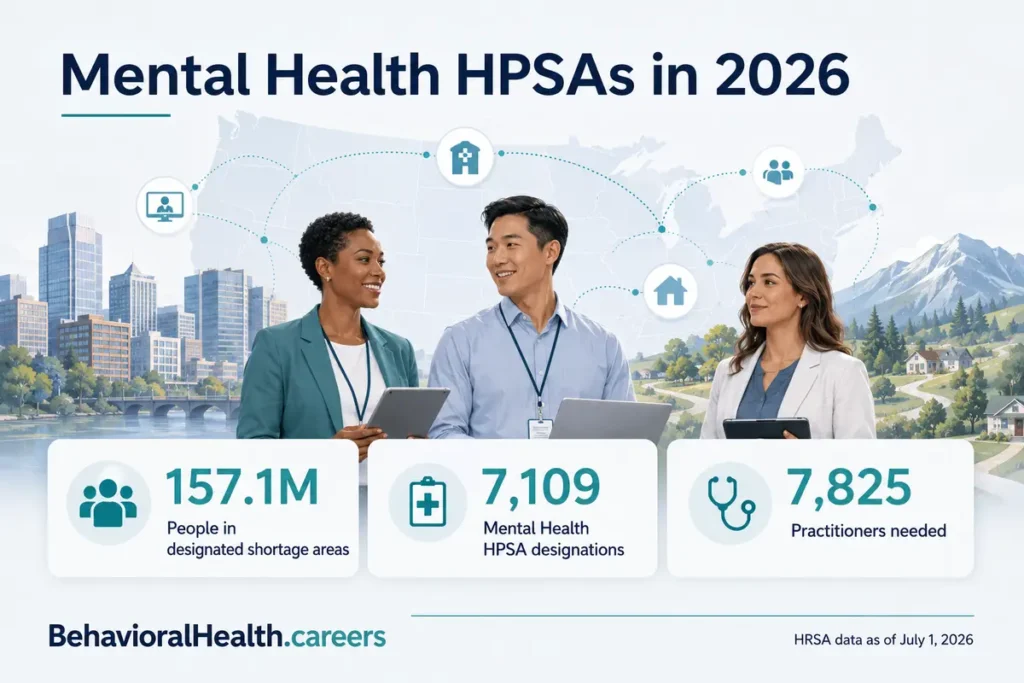An infographic from BehavioralHealth.careers shows mental health HPSAs data from HRSA as of July 2026