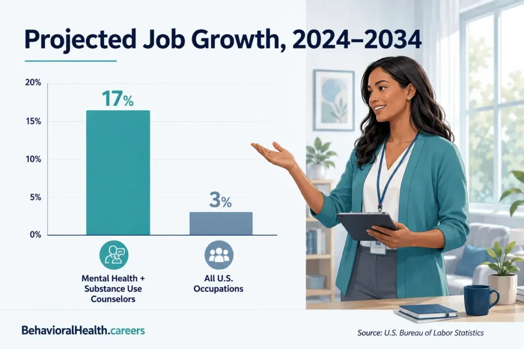 An infographic shows projected job growth for behavioral health workers in the United States from BLS data