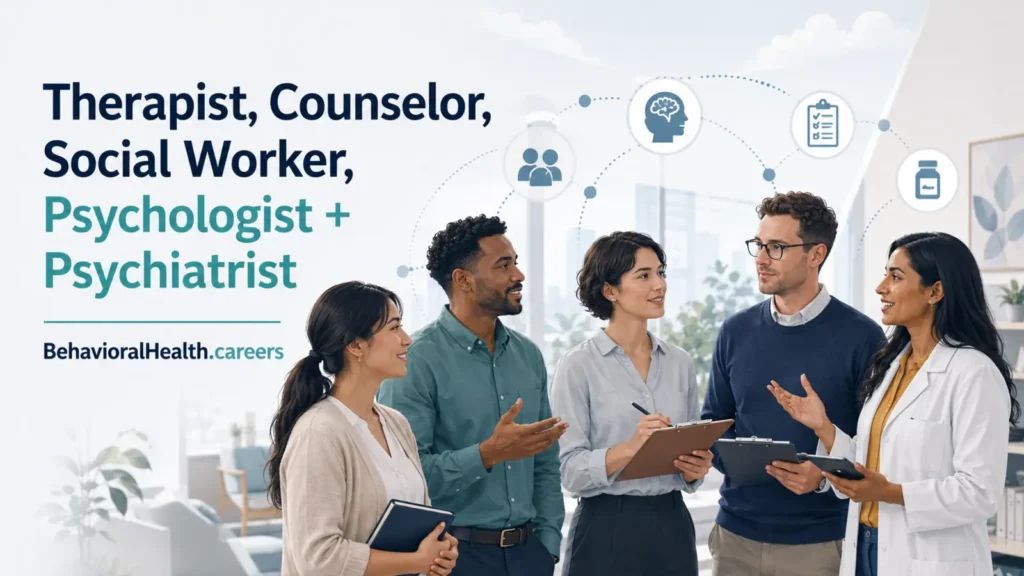 Our therapist vs counselor vs social worker vs psychologist vs psychiatrist role comparison guide from behavioralhealth.careers