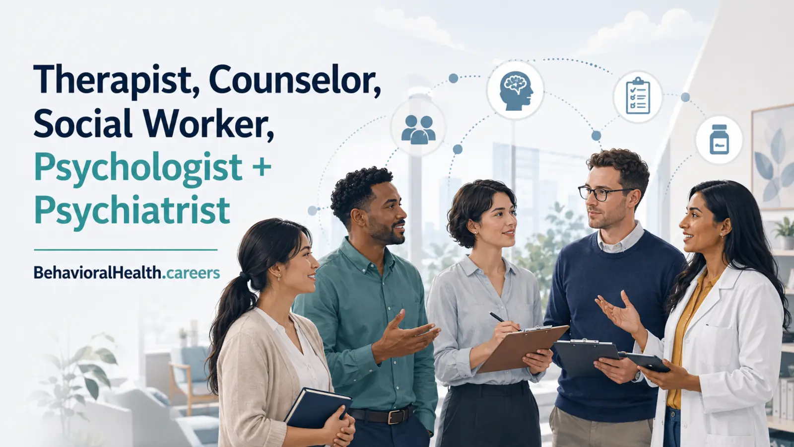 Our therapist vs counselor vs social worker vs psychologist vs psychiatrist role comparison guide from behavioralhealth.careers