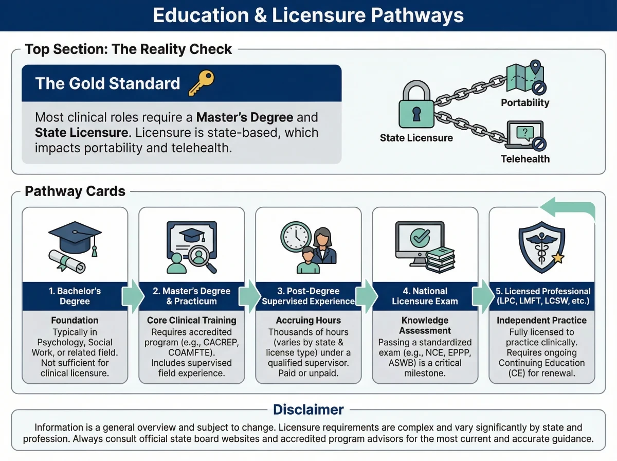 an infographic shows the pathway to education and licensure for clinical behavioral health roles
