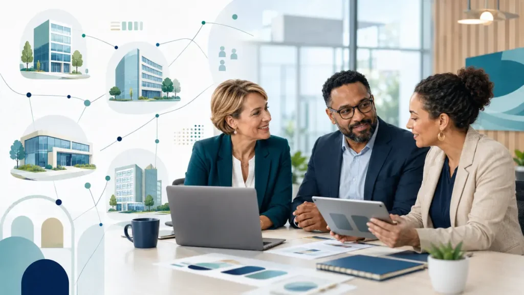 The behavioral health employers page from BehavioralHealth.careers shows three executives at a table and facility images in background