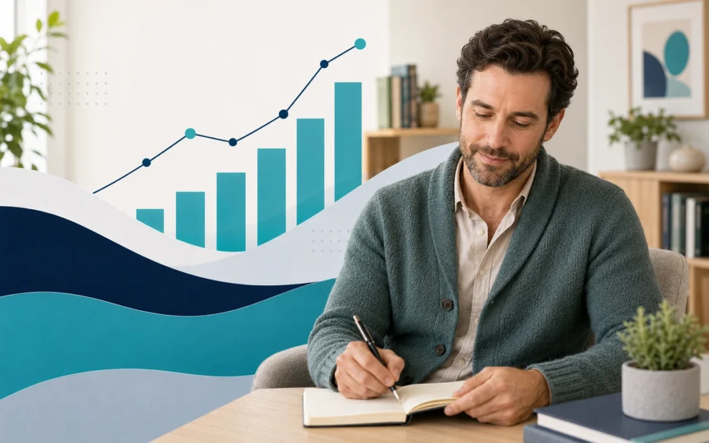 Male mental health counselor writing in a notebook beside salary-growth graphics