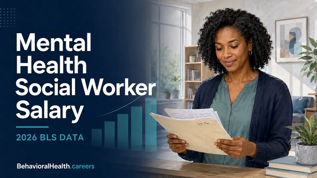 Mental health and substance abuse social worker salary infographic showing the national median, percentile range, and five highest-paying states