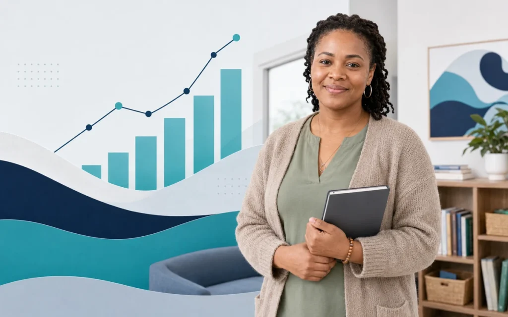 Peer support specialist salary card image with a behavioral health professional and salary-growth graphics