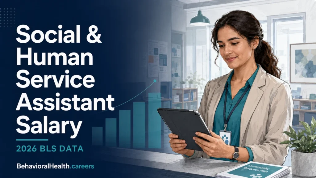 Social and human service assistant salary guide with a behavioral health professional and 2026 BLS data