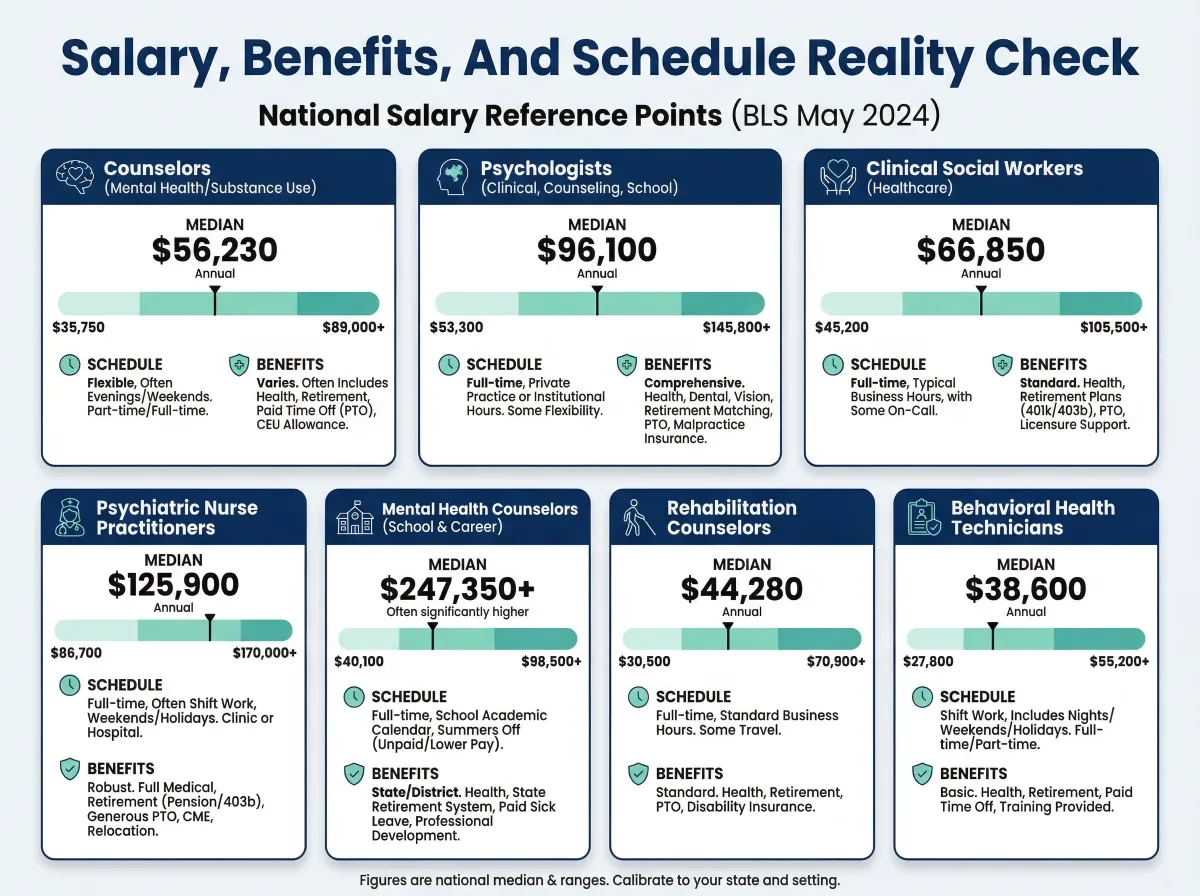 An infographic compares salary and benefits across various behavioral health roles 