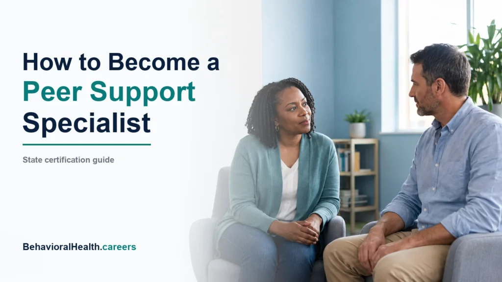 Two adults in a supportive conversation in a bright community setting, illustrating a career guide to peer support.