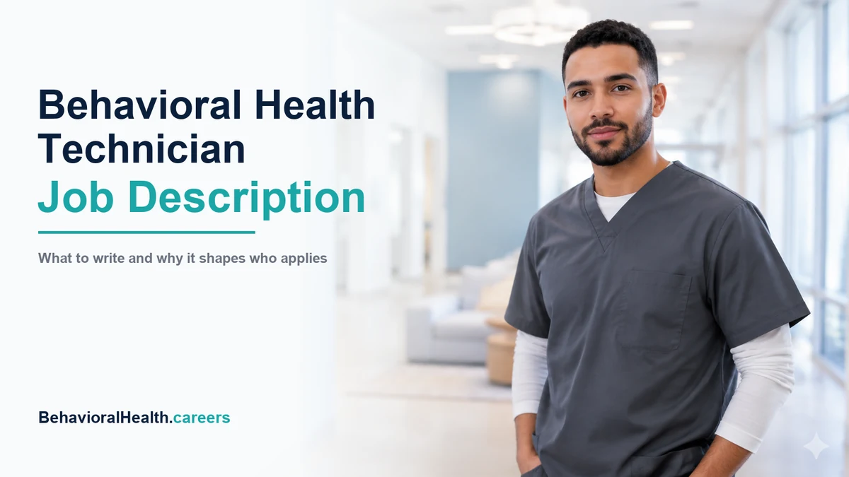 Behavioral health technician standing in a bright care facility beside the title Behavioral Health Technician Job Description.