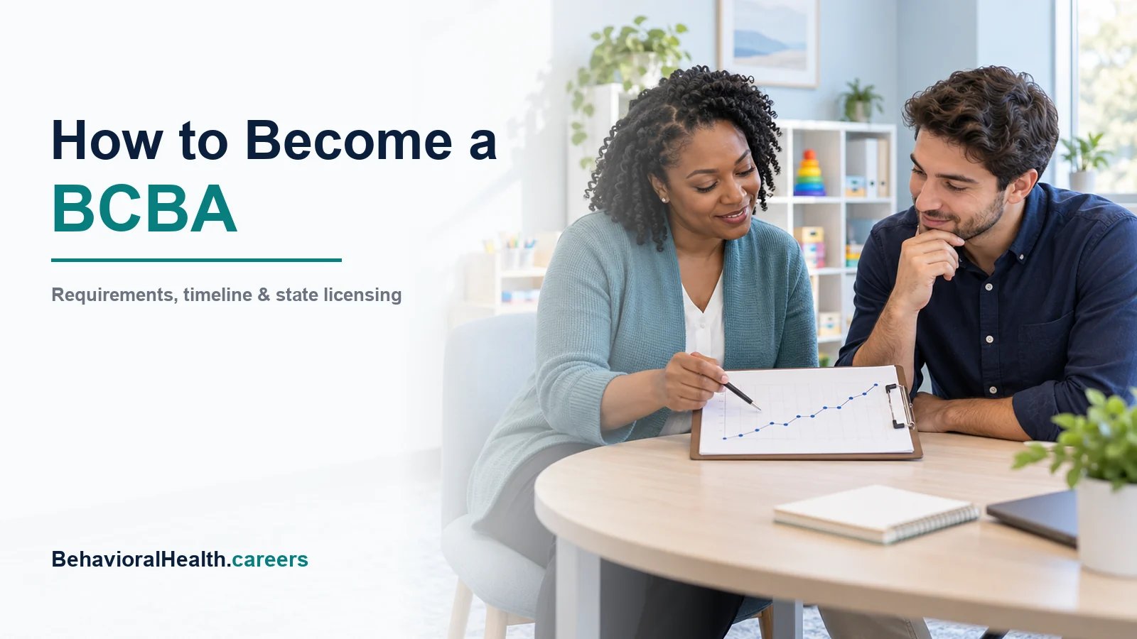 BCBA career guide with two adult professionals reviewing a progress chart in a bright clinic.