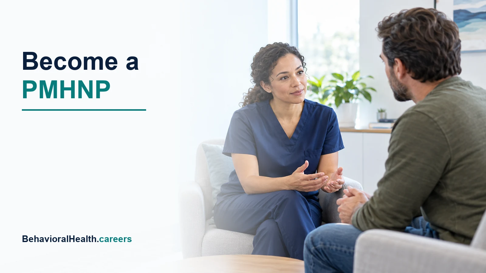 A nurse practitioner in scrubs speaks with an adult client in an outpatient clinic.