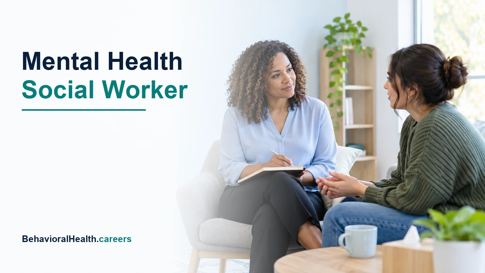 A social worker talks with an adult client in a community clinic.