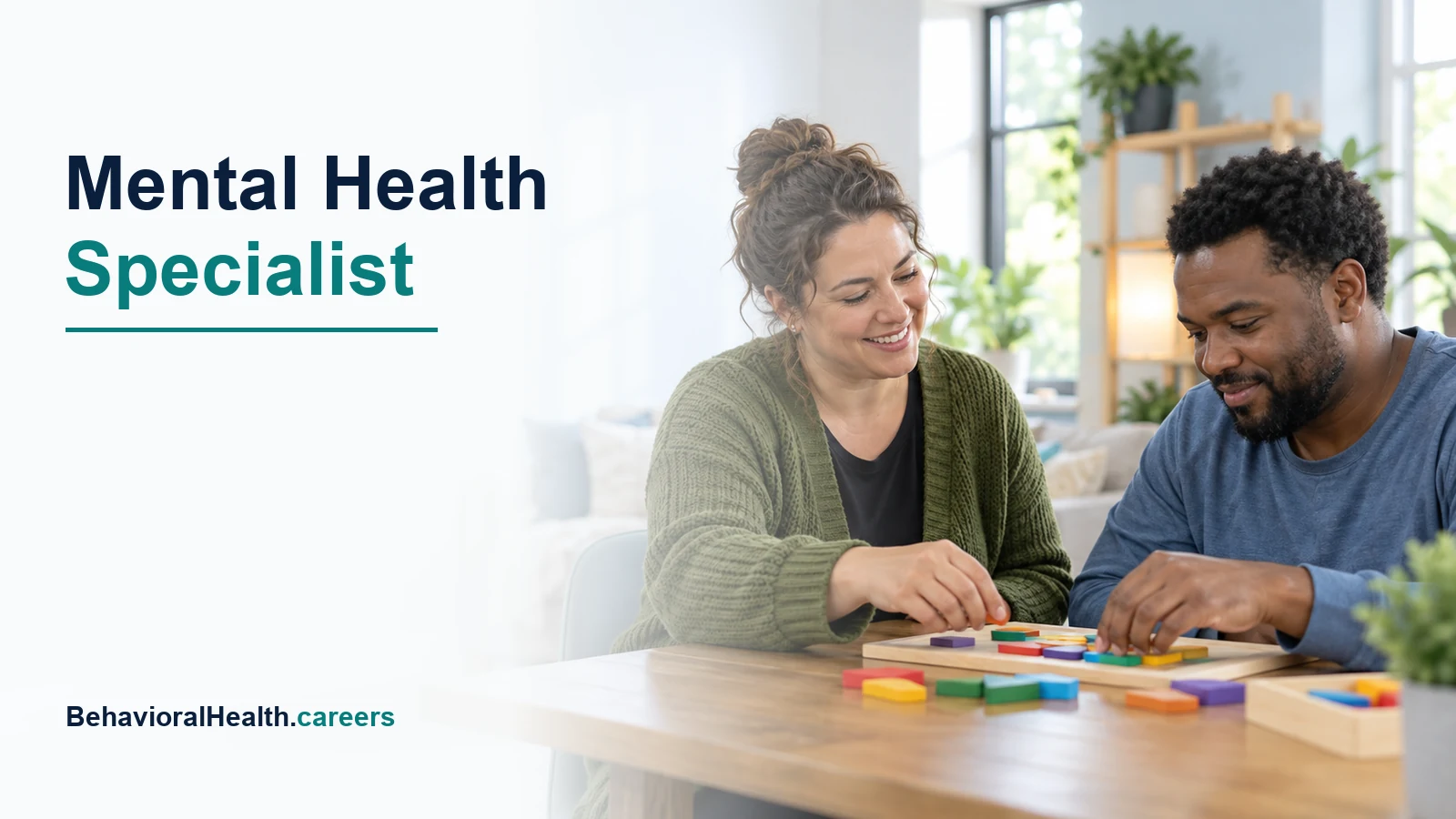 A behavioral health support worker helps an adult with a tabletop activity.