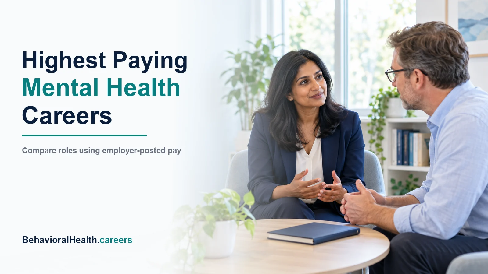 Mental health career pay comparison with two professionals having a career discussion in a bright office.
