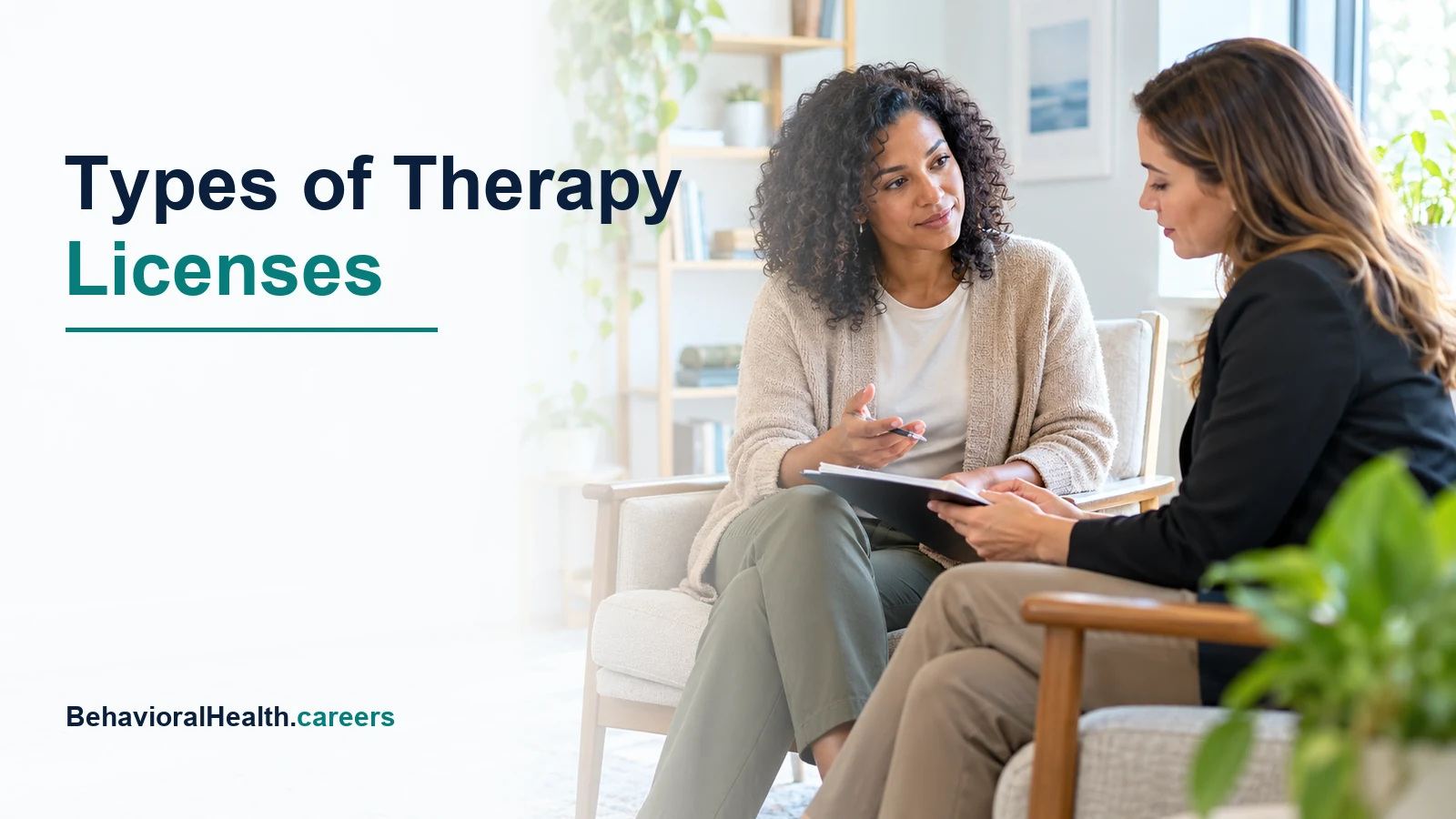 Two therapists discuss training notes in a counseling office.